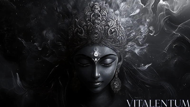 Divine monochrome goddess portrait with swirling cosmic aura.