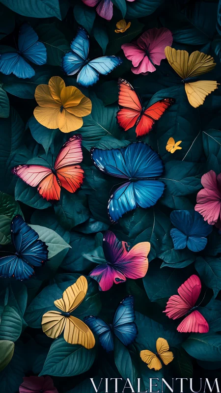 Colorful butterflies hover over dense dark green foliage