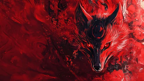 High-contrast crimson fox portrait with abstract fractal strokes