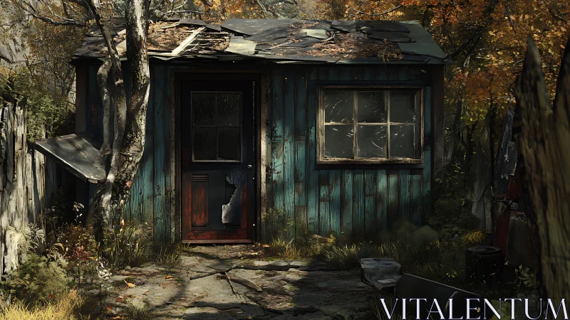 Weathered blue shed with damaged roof in overgrown yard.