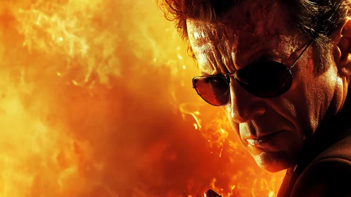 Intense action hero portrait against cinematic firestorm backdrop.