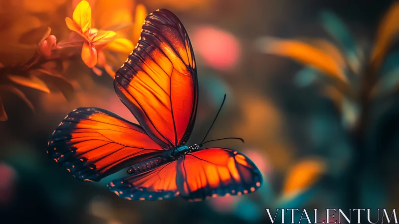 Orange butterfly hovers near flowers against blurred foliage