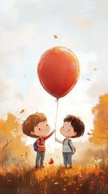 Two Children Share Autumn Wonder with Giant Red Balloon