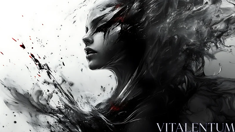 Monochrome female profile dissolving into dark fluid forms.