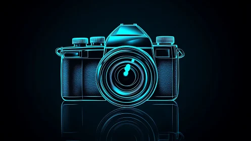 Neon line illustration of retro camera on reflective surface.