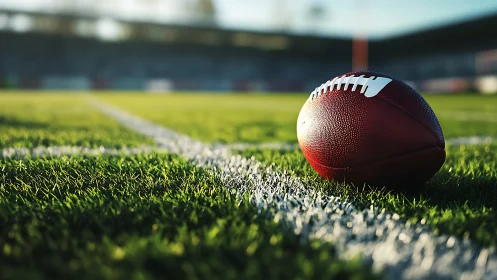 Football rests on sunlit turf near crisp yard line.