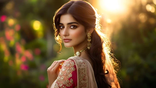 Woman in embroidered saree in soft golden sunset light.
