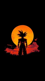 Saiyan warrior silhouette before blazing red sunset