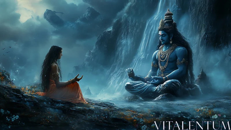 Mystical mountain dialogue unfolds before a seated blue deity