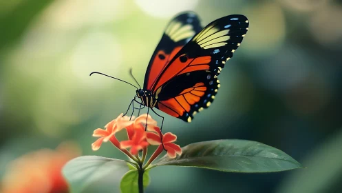 Macro study of orange black butterfly on flower with bokeh