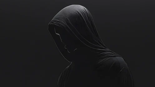 Monochrome hooded silhouette with low key contour lighting