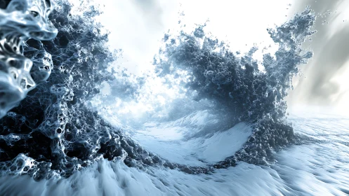 Roaring digital wave curls upward in a swirling frozen sea