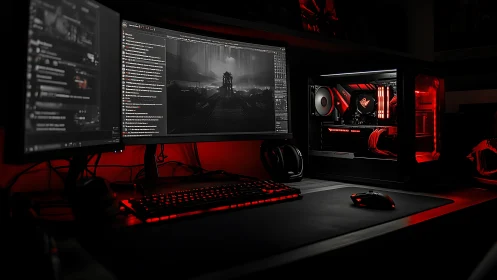 Moody red gaming setup glows softly in a dark cozy room