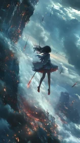 Skybound girl faces burning abyss with flaming spear.