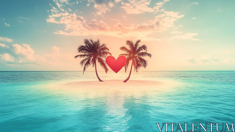 Two Palm Trees Frame a Glowing Heart on a Tropical Beach