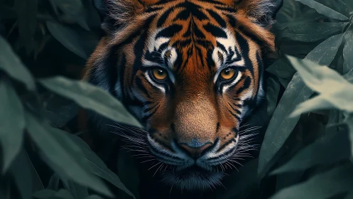 Hyperreal tiger portrait renders predatory gaze in foliage