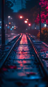 Neon-soaked tram rails with shallow depth and rain streaks.
