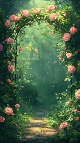Rose-covered garden arch frames a dreamy forest path.