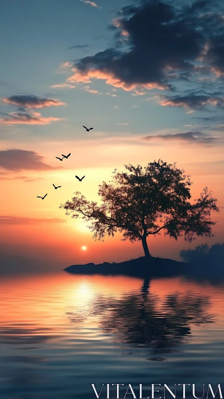 Lone tree on small island framed by vivid sunset sky.