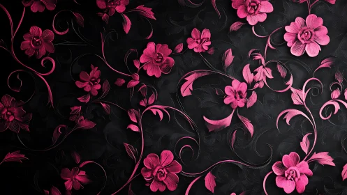 Pink Florals Against Charcoal: Ornate Botanical Design.