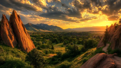 Red rock formations above green valley at glowing sunset.
