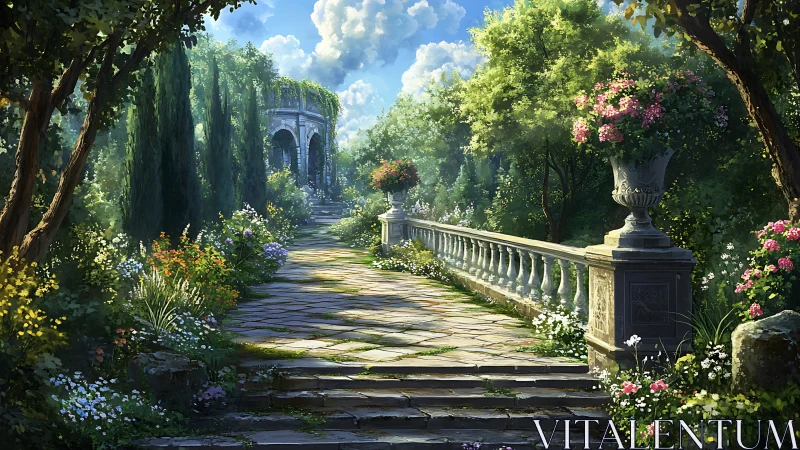 Digital painting of romantic garden promenade with pavilion.