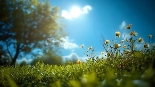 Sun-bathing daisies trade secrets with the blazing noon sky