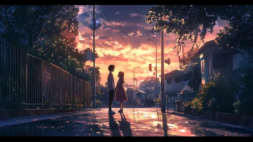 Sunset street romance unfolds in a quiet, rain-washed town