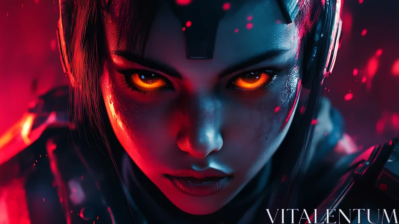 Cybernetic warrior portrait with glowing irises and harsh rim lighting