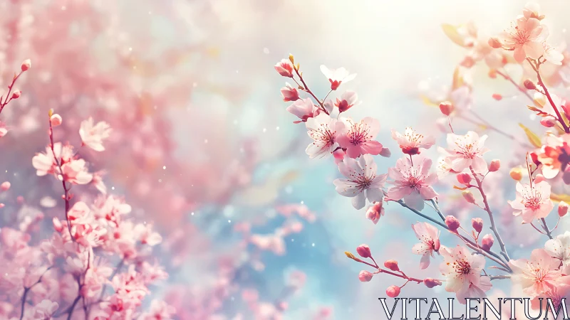 Pink Cherry Blossoms in Soft Bokeh Light. Spring.