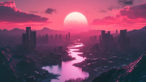Neon river city under colossal magenta sunset glow.