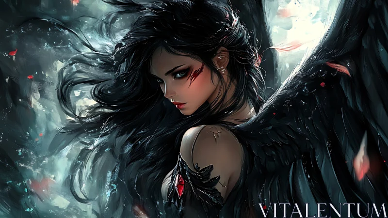 Dark-winged angel portrait rendered in dramatic digital chiaroscuro
