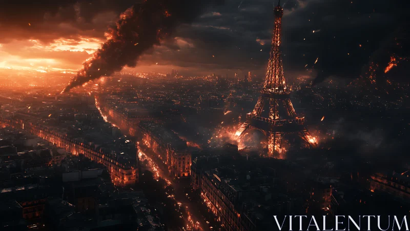 Eiffel Tower burns over Paris under apocalyptic storm sky.