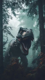 Tyrannosaurus rex roars in misty coniferous forest