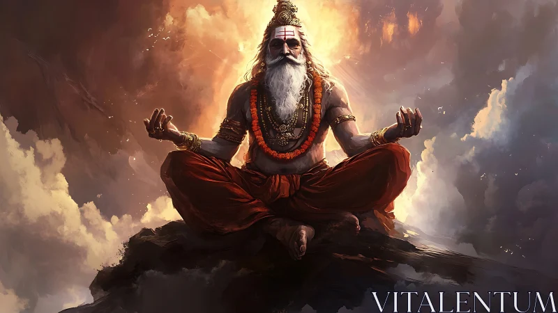 Mystic sage in fiery clouds radiates serene divine power.