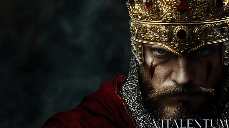 Battle-scarred medieval king glares from shadowed throne