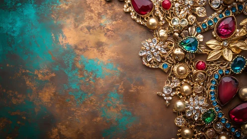 Baroque gold jewelry clusters contrast against oxidized teal copper
