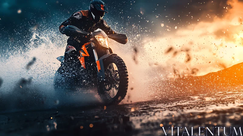 Off-road biker slices through water under a blazing sunset