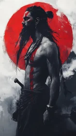 Warrior profile before red sun with vertical blood markings