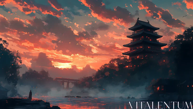 Sunset palace glows above misty river and lone figure.