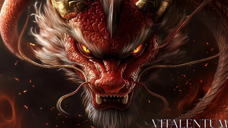 Digital painting of a fiery red dragon head in frontal close-up.