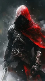 Hooded rogue in red cloak rendered with dynamic brush strokes
