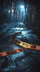 Nighttime wet alley with discarded yellow caution tape.