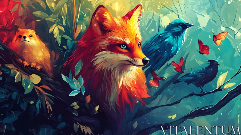Colorful forest fox waits calmly with bright birds and butterflies