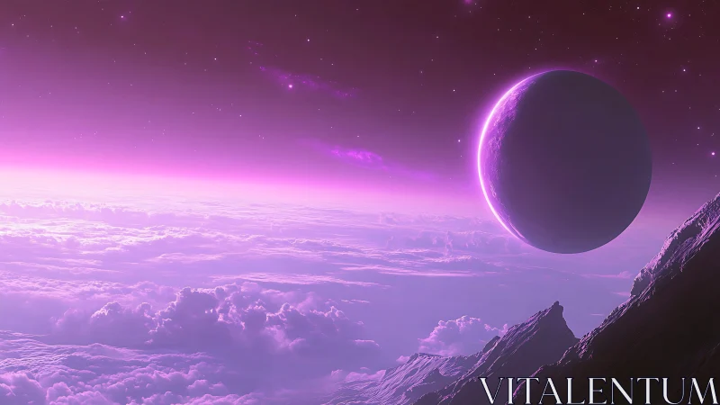 Purple extraterrestrial landscape with planet and clouds.