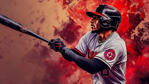 Blazing swing frozen in molten red baseball fury portrait.