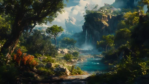 Mystical Jungle Gorge with Waterfall and Mountains.