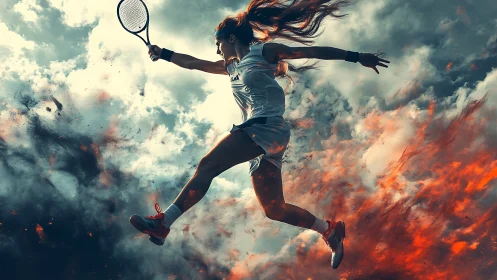 Tennis player soaring through storm and fire charged sky.