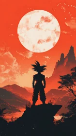 Lone spiky-haired warrior surveys crimson alien sunset sky.