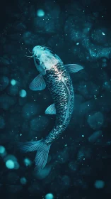 Moonlit koi drifting through teal-sapphire dreamwater.